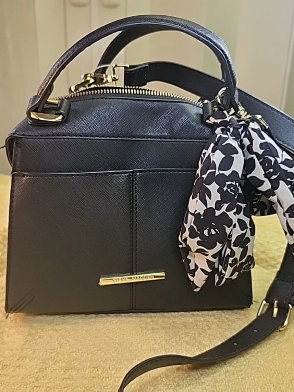 Steve Madden Black Structured Satchel with Floral Scarf Accent